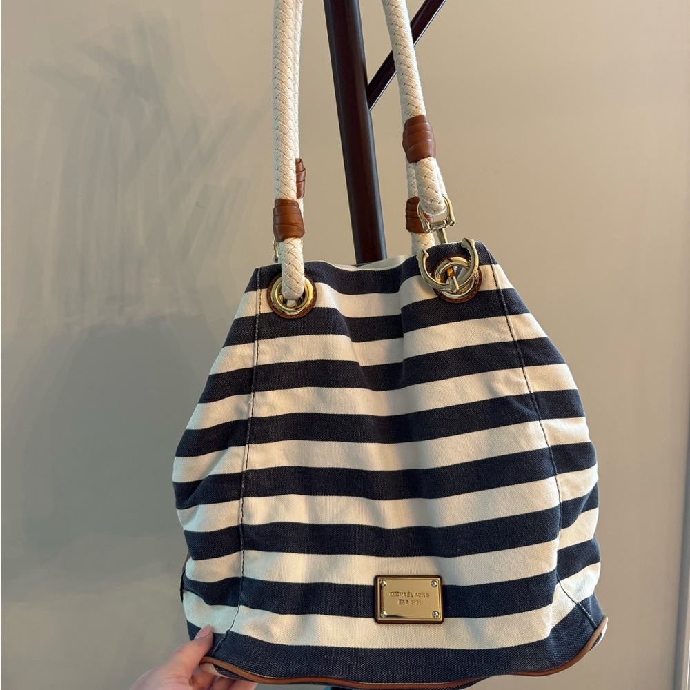 Michael Kors Marina Large Striped Canvas Rope Tote Bag - Navy & White
